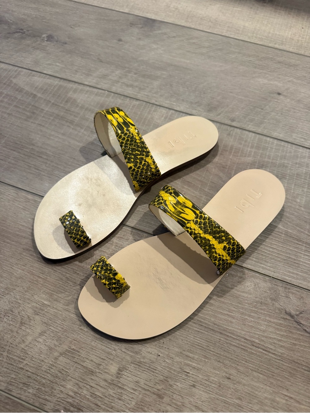 Tibi Yellow Snake-Print Toe-Ring Slide Sandals
